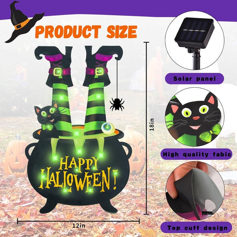 FLAGMESAGE Halloween Lighted Garden Flag for Outside, Witch Feet Shape Flag Yard Decor, 8 Modes Double Sided Cauldron Eyeball Black Cat Outdoor Hlloween Decorations for Home Porch (Green-28x40) - Image 2